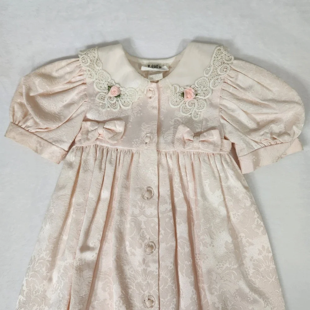 Vintage Little Penguin Girls Pink Damask Lace Dress Size 4 Rose Eyelet USA Made